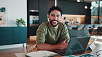 Laptop, happy and face of businessman in home with remote work for online software development. Smile, technology and portrait of web designer with computer for email feedback on frontend project.