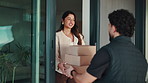Woman, front door and boxes with delivery man, logistics and supply chain with friendly service. People, home and smile with package, parcel distribution and customer receiving with shipping or order