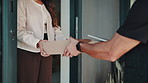 Woman, delivery man and hands with tablet for signature, supply chain and logistics service. People, home and tech with package, parcel distribution and customer receiving with shipping or order
