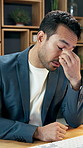 Tired, businessman and headache with stress in office for burnout, fatigue or project deadline. Exhausted, man or employe with migraine or pain for mental health, strain or pressure in workplace