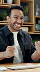 Happy, businessman and winning with computer in office for achievement, promotion or good news. Excited, man or employee with smile or fist pump for victory, bonus or business success in workplace