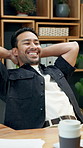 Happy, businessman and stretching in office for done tasks, finished project or completion. Relax, man or employee smile with free time, comfort or unwind for productivity, rest or break in workplace