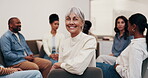 Counseling, face or woman with group session, wellness career or pride in mental health center. Happy, patient or senior therapist with portrait, clinic psychologist or about us in peer intervention.