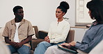 Support group, psychology and woman talking in therapy, addiction recovery or healing progress. Person, office circle and rehabilitation for mental health advice, share story and relapse prevention