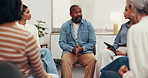 Support group, psychology and man talking in therapy, addiction recovery or rehabilitation process. Person, office circle and counseling for mental health healing, share story and relapse prevention
