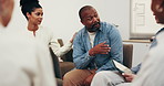 Counseling, group and people in center with support, understanding and empathy in clinic. Mental health, psychologist and patients with shoulder touch, encouragement and coping together in therapy.