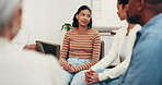Support group, psychology and woman speaking at session for coping strategy or share experience. People, meeting and counseling circle for mental health, help and rehabilitation guidance in office