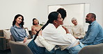 Counseling, group and women in center with hug, understanding and empathy in clinic session. Mental health, psychologist and patients with support, encouragement and coping together in therapy.