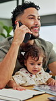 Home, baby and father with phone call  and smile for remote work, discussion and infant care. Multitasking, happy and freelancer, man or dad with child for communication, project and opportunity