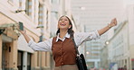 Business, woman or excited with phone in city for interview feedback, promotion email or good news. Spin, happy person and fist pump with mobile outdoor for job offer, career breakthrough and pride