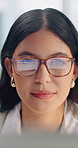 Copywriting, glasses and woman with laptop in business, research or planning for article on website. Eyewear, reflection and person with tech, copywriter and reading social media campaign in office