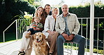 Relax, dog and portrait of big family on porch for support, bonding and connection together. Happiness, generations and love with grandparents, children and parents in home for weekend break and pet