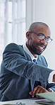 Financial advisor, handshake and man with glasses in meeting, agreement and planning for investment. Eyewear, reflection and happy person with client, wealth management and shaking hands in office