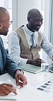 Financial planning, team and people with laptop in boardroom, budget review or smile for investment. Business, discussion and colleagues with strategy, happy and wealth management with technology