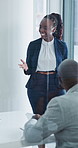 Business, presentation or woman in office with meeting, budget report or brief on funding strategy. Happy, presenter or finance advisor with talking, forecast plan or investment proposal in boardroom