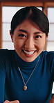 Face, smile and talking with Asian woman on video call for introduction or travel as virtual tour guide. Conversation, digital and streaming with happy person online for holiday communication