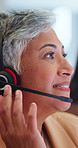 Customer support, help desk and woman in call center, talking or feedback for account enquiry. Headset, contact us or happy mature person with service for transaction check, fraud prevention or FAQ