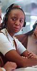 Sad, woman and stress in office with customer service, operator mistake or assurance from colleagues. Upset, person and crying in call center with consultant error, disappointment and coworker help.