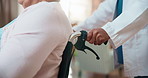 Doctor, hands and push old woman with wheelchair, healthcare assistance and rehabilitation in home. Medical worker, help and senior person with disability, occupational therapy or healing from injury