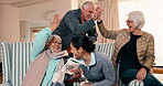 Success, old people or caregiver with puzzle, high five or fun moment in retirement home. Flare, volunteer or senior group with sudoku book, happy connection or game victory in elderly activity.