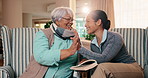 Success, old woman or caregiver with puzzle, high five or bonding moment in retirement home. Happy, volunteer or senior person with sudoku book, fun connection or game victory in elderly activity.