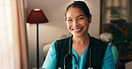 Smile, woman and face of nurse in retirement home with confidence for career in medical service. Happy, about us and portrait of healthcare worker with pride for job opportunity in nursing facility.