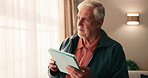 Thinking, tablet and senior man in retirement home with reading blog on app for pension planning. Decision, research and elderly person with technology for online article with newsletter subscription