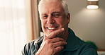 Face, smile and old man with dental hygiene, orthodontics and laugh with oral health at home. Portrait, teeth or happy person with mouth wellness for fresh breath, gum care or confident in retirement