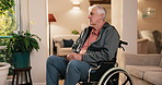 Thinking, relax and senior man in wheelchair at house with nostalgia, memory or remember retirement. Reflection, perspective and elderly person with disability in living room for decision on pension