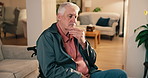 Thinking, serious and senior man in wheelchair at house with nostalgia, memory or remember retirement. Reflection, relax and elderly person with disability in living room for decision on pension.