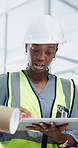 Architect, woman or meeting with tablet in office for construction planning or building design. Female person, civil engineer or contractor with technology or team for safety or security in workplace