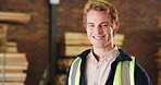 Face, man and happy for carpentry in workshop with joinery experience, skilled trade or glasses. Eyewear, carpenter and smile in warehouse for woodworking confidence, manufacturing industry and pride