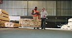 Timber, man and manager with clipboard in warehouse for production oversight, stock supply or talk. Lumber yard, operations supervisor and worker with checklist for inspection, productivity or review