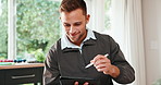 Happy, physiotherapist and man with tablet in office, healthcare and reading patient records on web. Physical therapy, stylus and writing treatment plan on app, research and person with technology