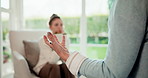 Explain, psychology and woman in conversation with therapist for advice, healing or healthcare. Communication, mental health and progress with people in therapy for ptsd or trauma counselling