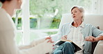 Notebook, psychology and woman in conversation with therapist for advice, healing or healthcare. Communication, mental health and writing with people in therapy for ptsd or trauma counselling