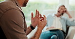 Consulting, divorce and man in conversation with therapist for marriage or relationship advice. Communication, therapy and wedding ring with people in clinic for anxiety, counselling or decision