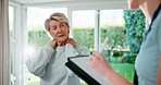 Tablet, writing and woman with physiotherapist for neck pain, conversation and advice for recovery. Physical therapist, mature person and discussion with tech, stylus and survey for spine injury.