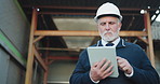 Logistics, man and outdoor by warehouse with tablet, operations manager and app to track shipping. Supervisor, mature person and scroll by depot with tech, supply chain or website to monitor delivery