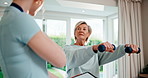 Physiotherapy, exercise and senior woman with dumbbells, physiotherapist and talking for advice. Tablet, healthcare and wellness with old patient at clinic for support, weights and rehabilitation