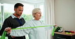 Physio, exercise and senior woman with resistance band, physiotherapist and talking for advice. Man, healthcare and wellness with old patient at clinic for stretching, muscle and rehabilitation
