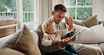 Tablet, high five and father with baby on sofa in home with educational game for cognitive development. Digital technology, celebration and man with child in living room for gaming, bonding or growth