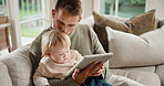 Tablet, kiss and father with baby on sofa in home with educational game for cognitive development. Digital technology, people and dad with toddler in living room for online gaming, bonding or growth