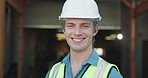 Face, smile and man at warehouse for distribution, ppe and industrial logistics engineer with pride. Portrait, shipping worker and happy person with safety helmet for quality control in supply chain