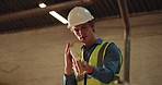 Carpenter, man and inspection in factory with timber, assessment and review for quality assurance. Supervisor, person and check lumber in warehouse with woodwork project, carpentry and evaluation.