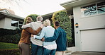 Hug, people and new home with family outdoor, property or adult siblings with senior parents. Back, daughter or son at dream house with support, embrace together or love at front yard for real estate