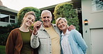 Mature, face and happy family with keys for new home, mortgage loan or property ownership. Portrait, dad and mom with adult daughter or smile for building asset, shelter or house purchase together