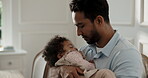 Fun, father and boy in house with flying, happy moment and bonding together for child growth. Smile, dad and kid with airplane lifting, playful game and family connection for childhood development.