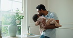 Sleeping, father and baby with kissing cheek, peaceful dream and bonding moment in house. Love, dad and child in living room with affection, parent comfort and family connection with calm nap.