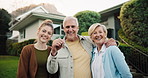 Mature, face and happy family with keys for property ownership, mortgage loan or new home. Portrait, dad and mom with adult daughter or smile for building asset, shelter or house purchase together